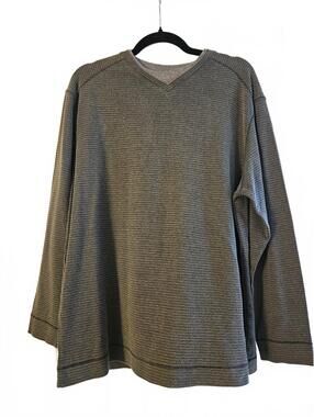 Method Men's Long Sleeve Olive Green & Gray Striped Crewneck Shirt-Size Large